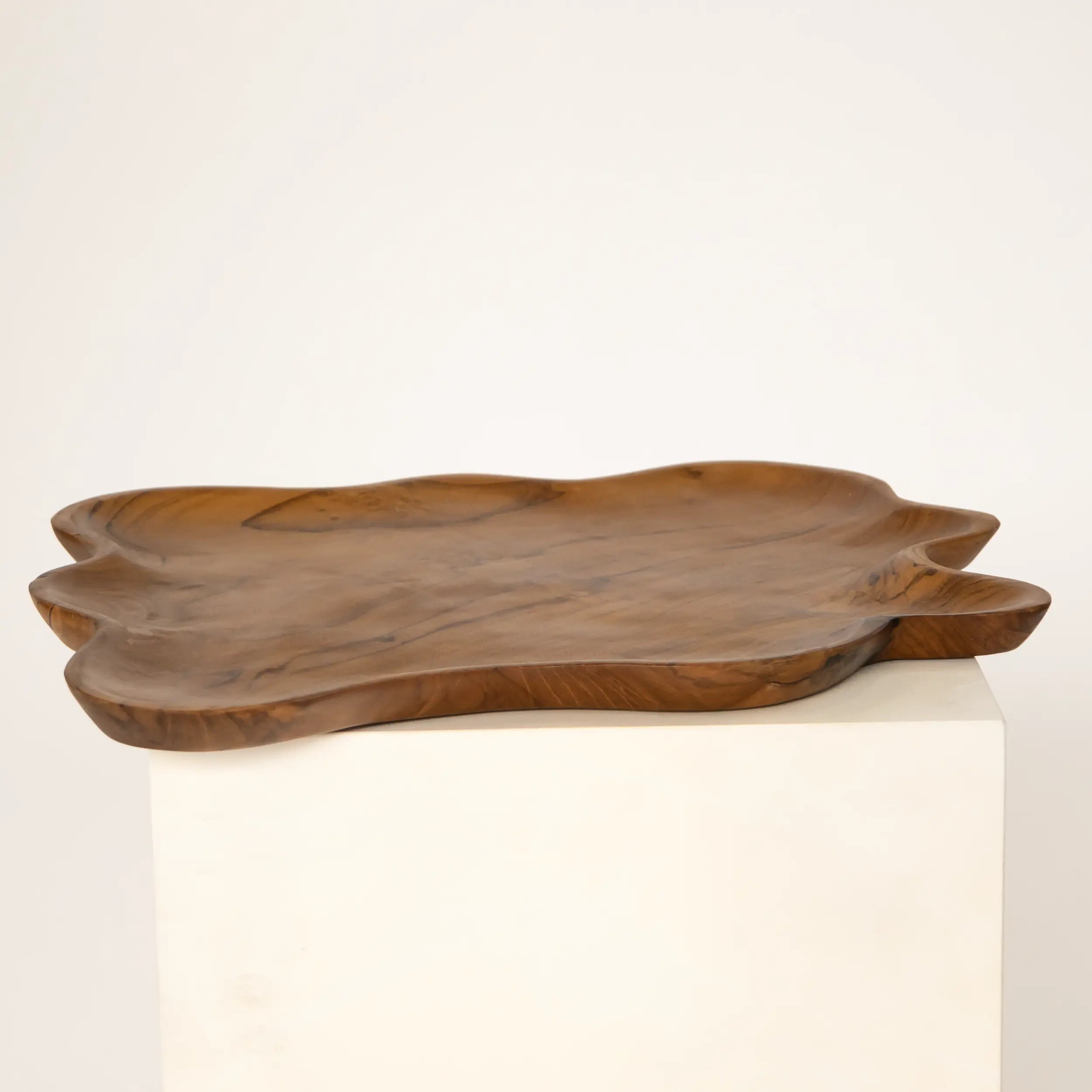 Large asymmetrical teak wood serving dish