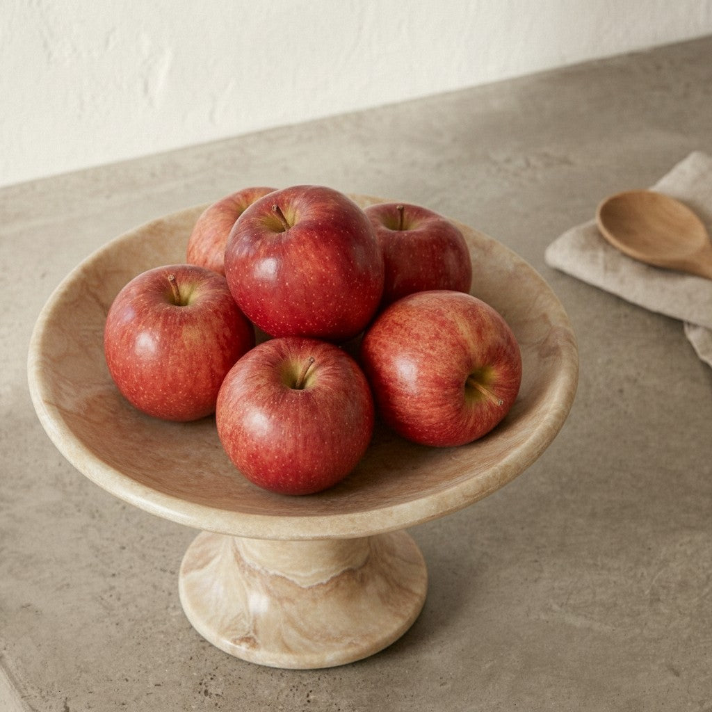 CRUSOË black marble pedestal cake stand with red apples, elegant and versatile for serving or display.