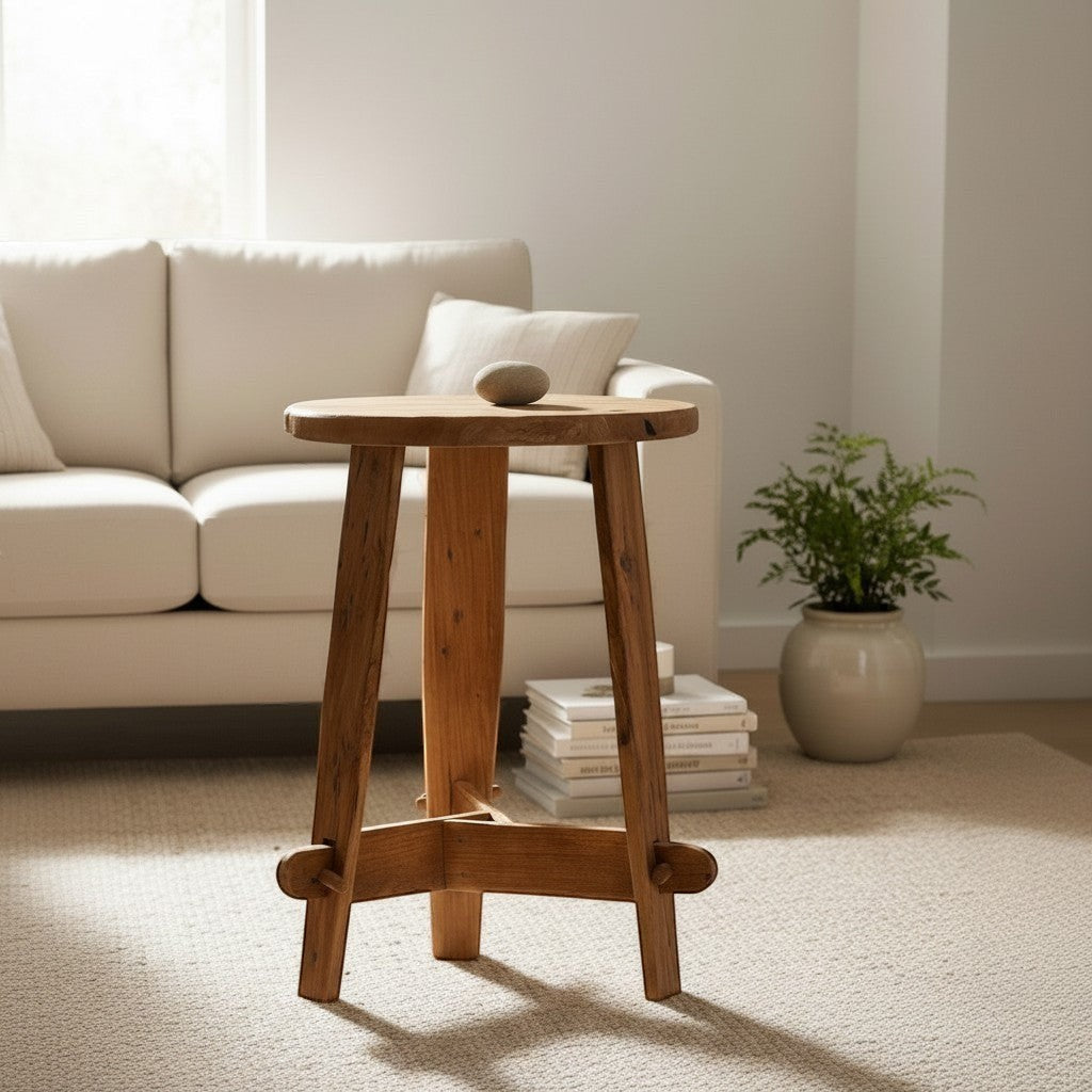 CRUSOË Rembrandt recycled teak side table with visible dowels and a natural wood finish, perfect for rustic or modern interiors.