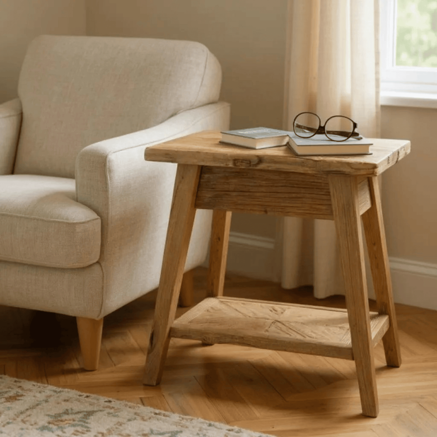 Table d’appoint FARMHOUSE en teck recyclé - 1 tiroir