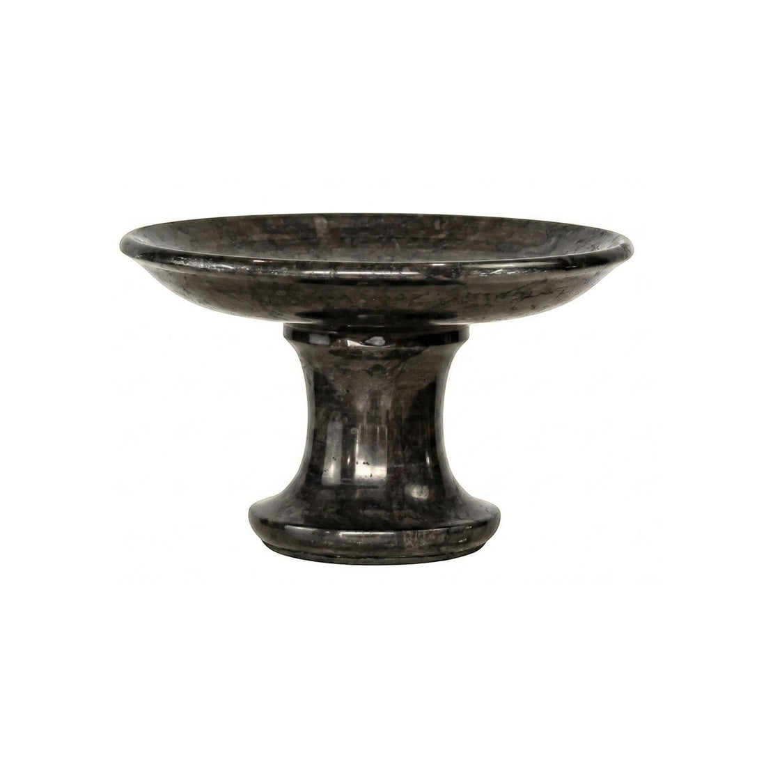 CRUSOË black marble pedestal cake stand with a round top and a flared base. Ideal for serving desserts or displaying decor.