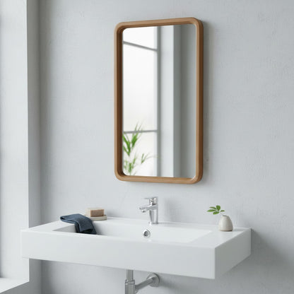 CRUSOË Lyndi rectangular mirror with rounded teak wood frame, mounted above a white sink.