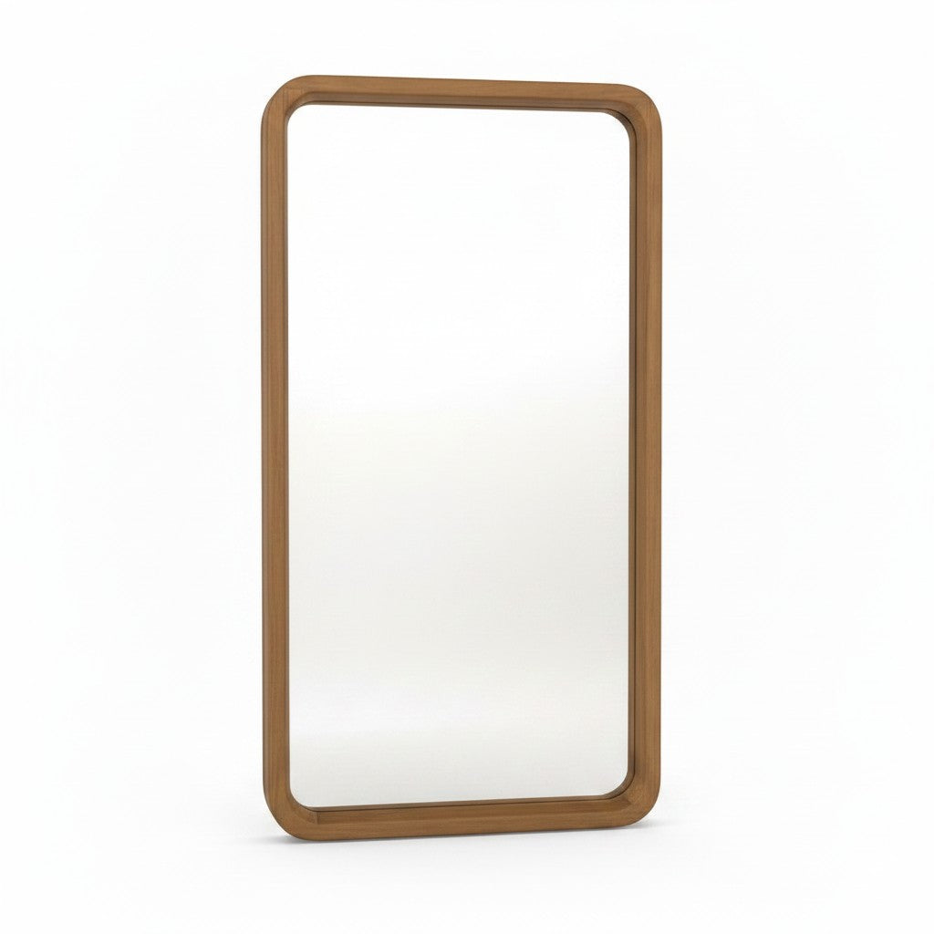 CRUSOË Lyndi rectangular mirror with rounded teak wood frame, natural finish.
