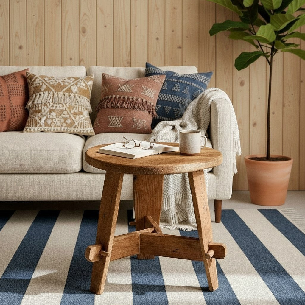 CRUSOË Rembrandt recycled teak side table with visible pegs, styled with a book and mug.