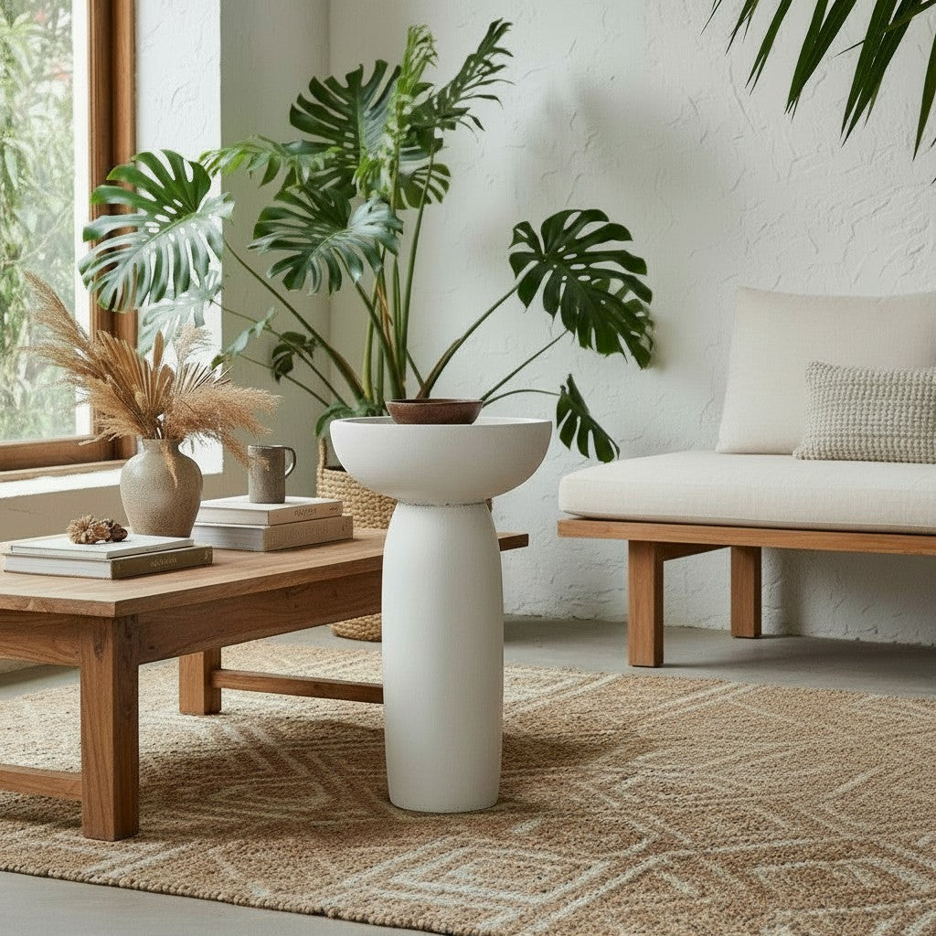 CRUSOË white sculptural pedestal table with a wide bowl top and cylindrical base, styled with a plant and decorative items.