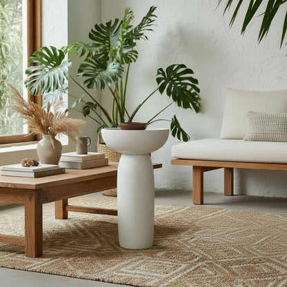CRUSOË white sculptural pedestal table with a wide bowl top and cylindrical base, styled with a plant and decorative items.