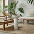 CRUSOË white sculptural pedestal table with a wide bowl top and cylindrical base, styled with a plant and decorative items.