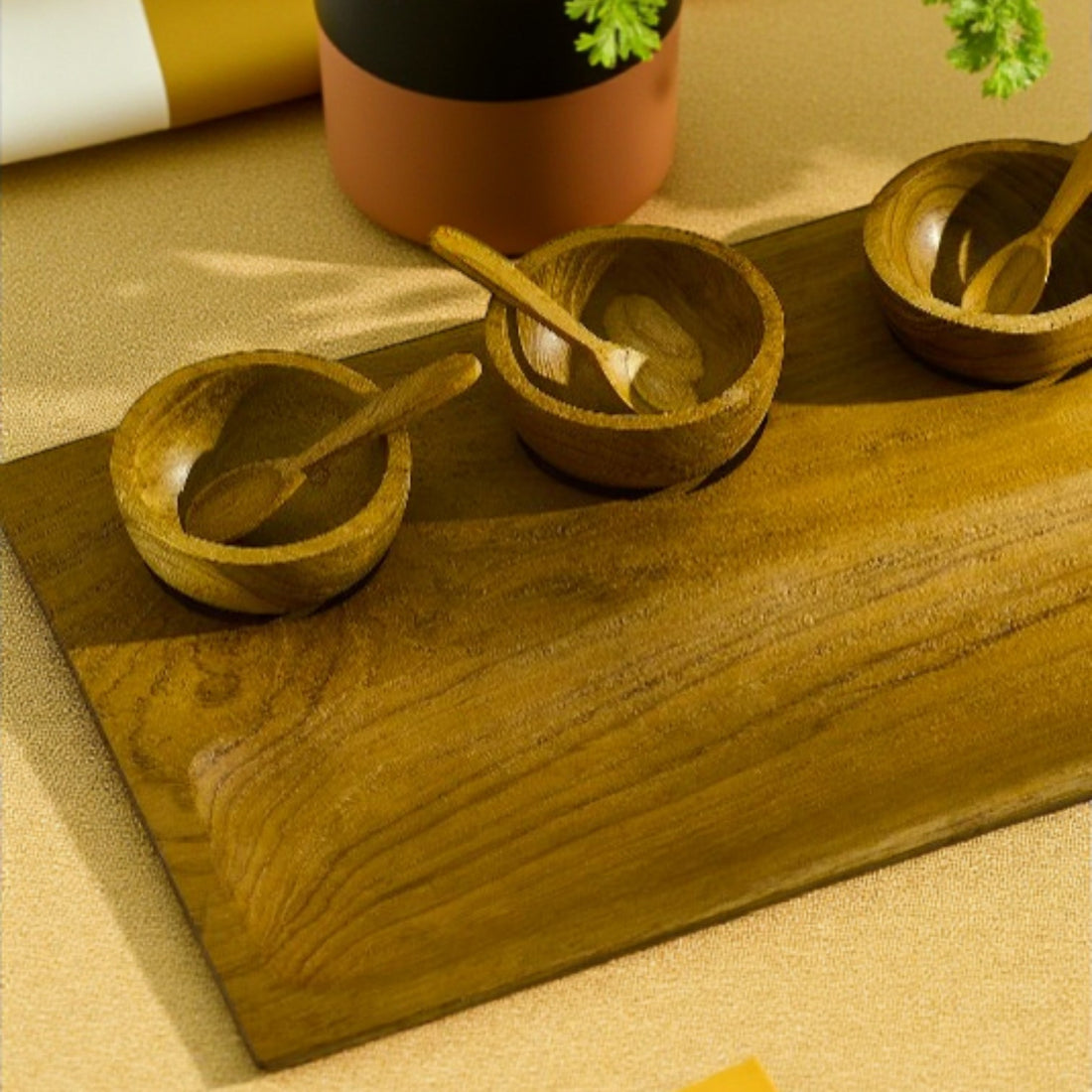 Teak wood aperitif board and bowls